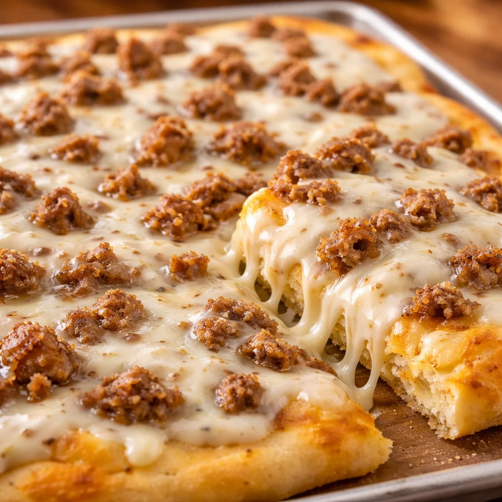 Delicious Old School Breakfast Pizza Recipe topped with sausage and cheese