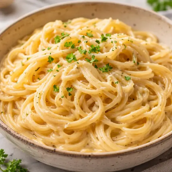 One Pot Creamy Garlic Pasta in a skillet with garlic and Parmesan sauce