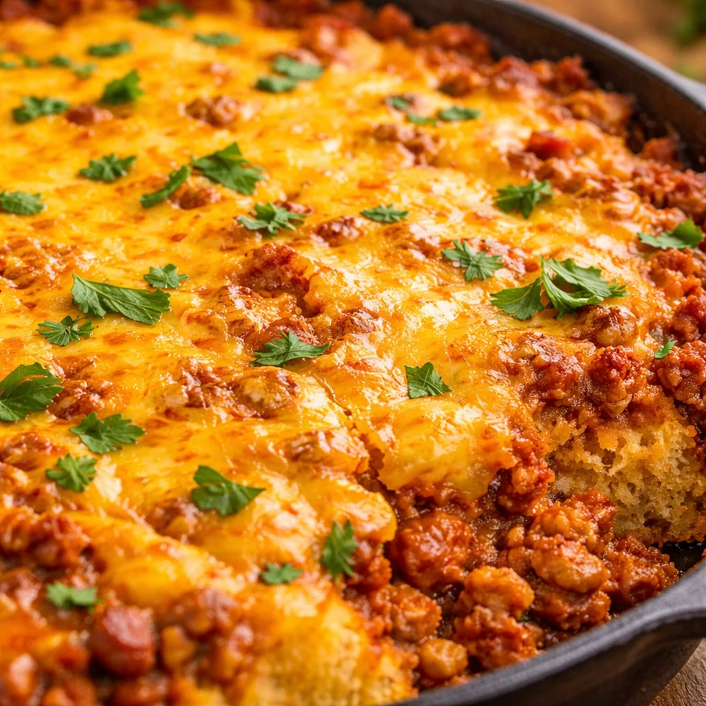 One Skillet Sloppy Joe Cornbread Casserole topped with cheddar cheese.
