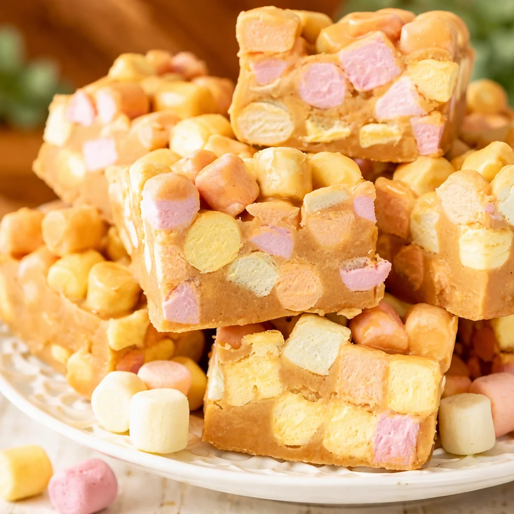 Delicious no-bake Peanut Butter Marshmallow Squares topped with colorful marshmallows.
