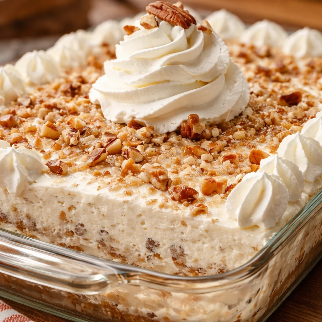 A slice of PECAN CREAM DEEP DISH PIE topped with whipped cream and caramel sauce.