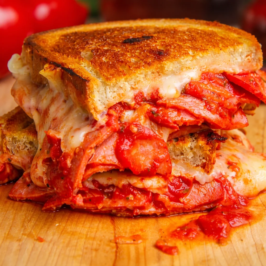 Delicious pepperoni pizza grilled cheese sandwich with melted cheese and crispy bread.