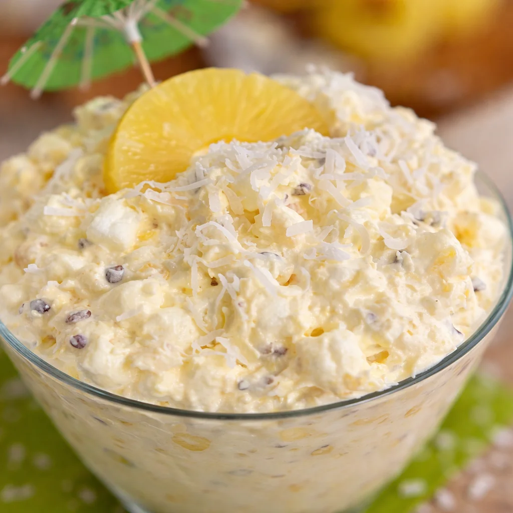 Bowl of creamy Piña Colada Fluff dessert salad with pineapple and coconut