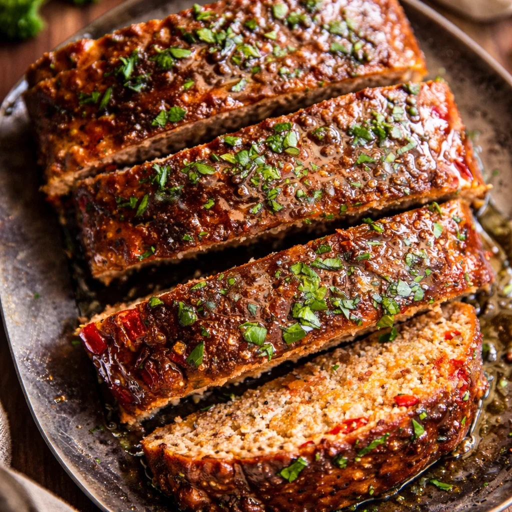 Delicious school cafeteria meatloaf served with side dishes in a cafeteria tray.