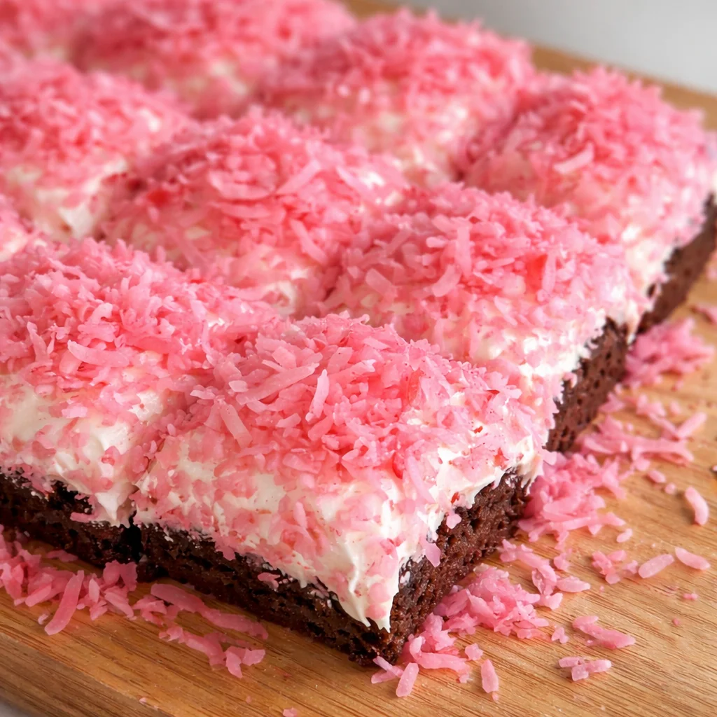 Delicious Sno Ball Brownies topped with marshmallow fluff and pink coconut.