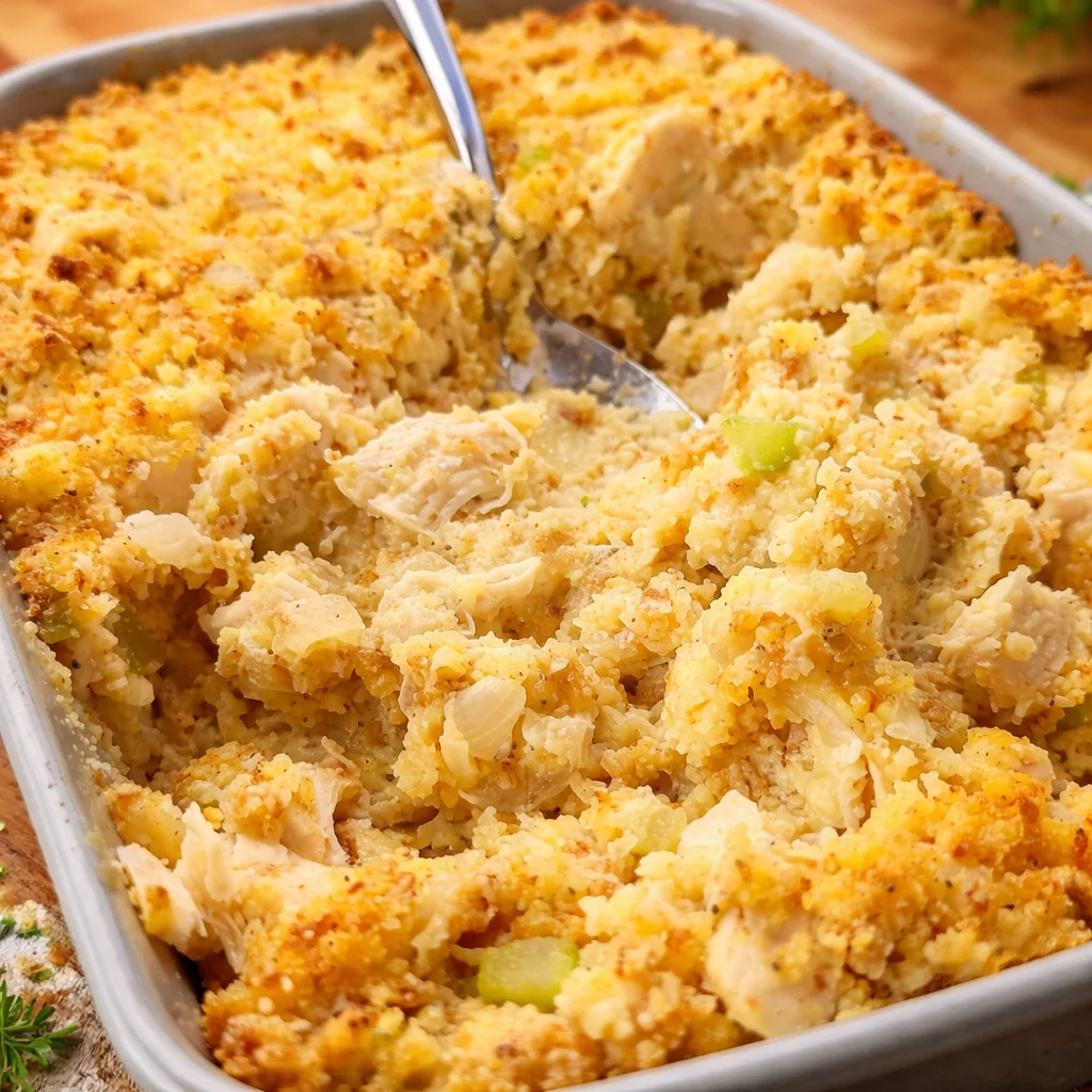Southern Chicken & Dressing Casserole with cornbread and creamy gravy