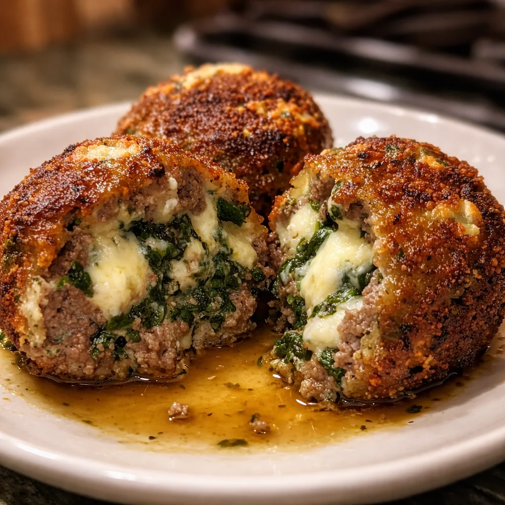 Delicious Spinach Garlic Meatballs Stuffed with Mozzarella ready to serve.