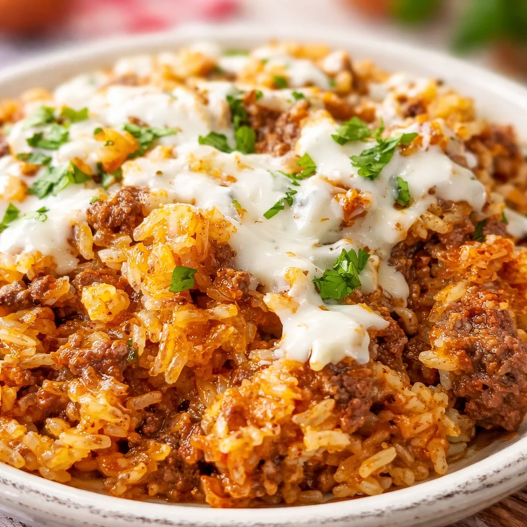 Skillet Taco Rice with Queso topped with melted cheese and garnished with fresh herbs.