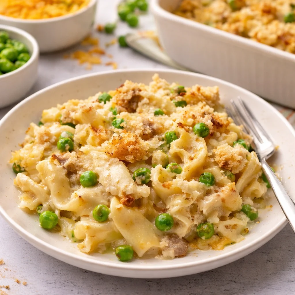 Delicious Tuna Noodle Casserole with creamy sauce, pasta, peas, and crispy topping.
