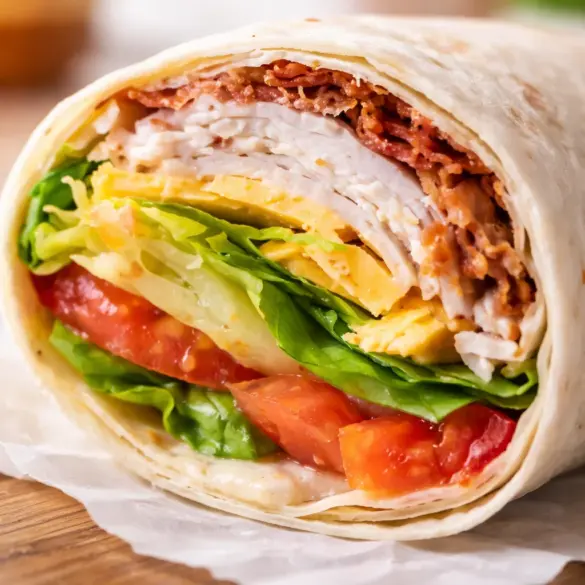 Turkey Ranch Club Wrap with turkey, bacon, and ranch dressing in a tortilla.