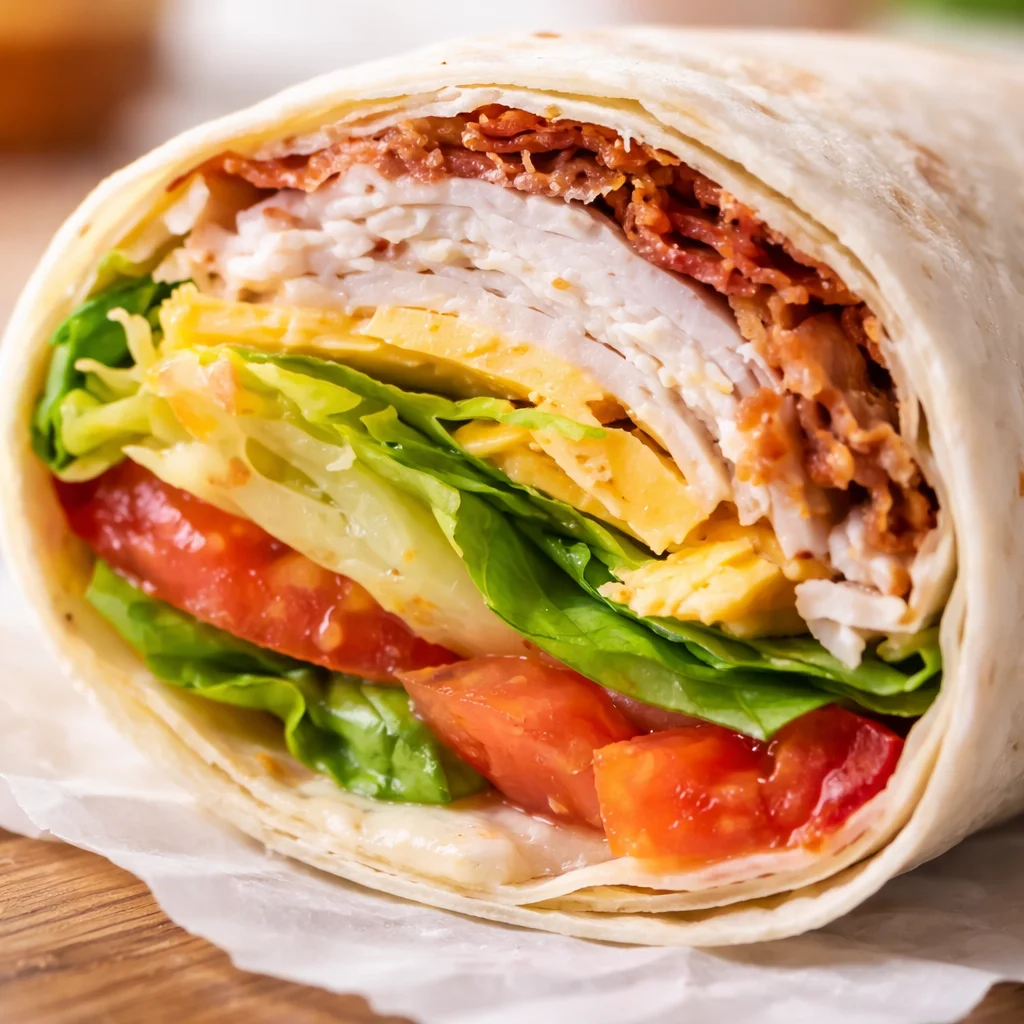 Turkey Ranch Club Wrap with turkey, bacon, and ranch dressing in a tortilla.