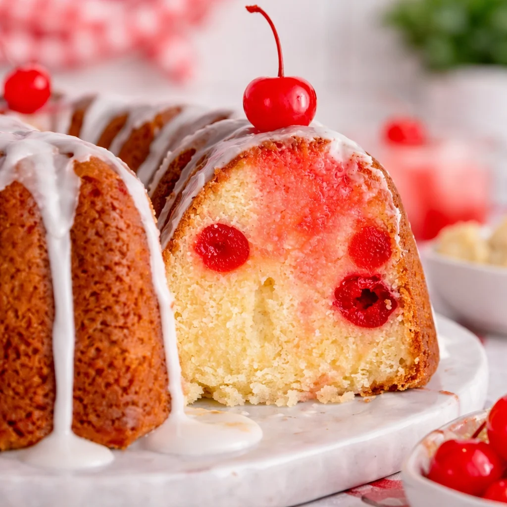 Moist 7UP Bundt Cake on a cake stand with lemon and lime decorations.