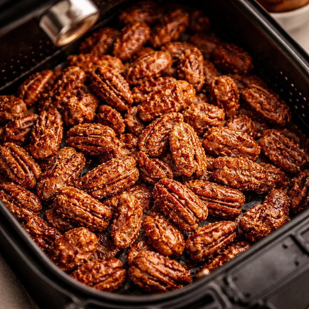 Delicious Air Fryer Candied Pecans in a bowl, perfect for snacks and salads.