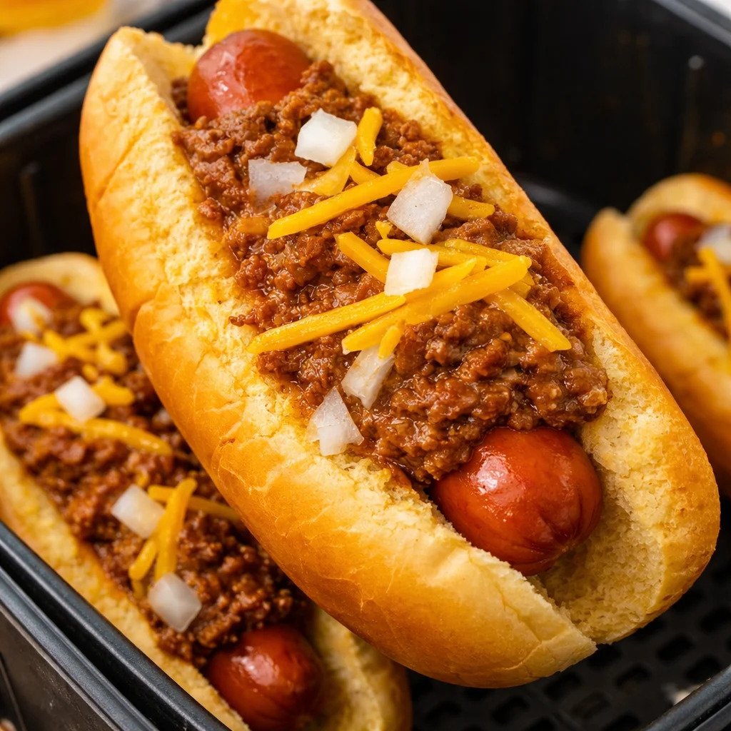 Delicious Air Fryer Chili Dogs topped with cheese and chili