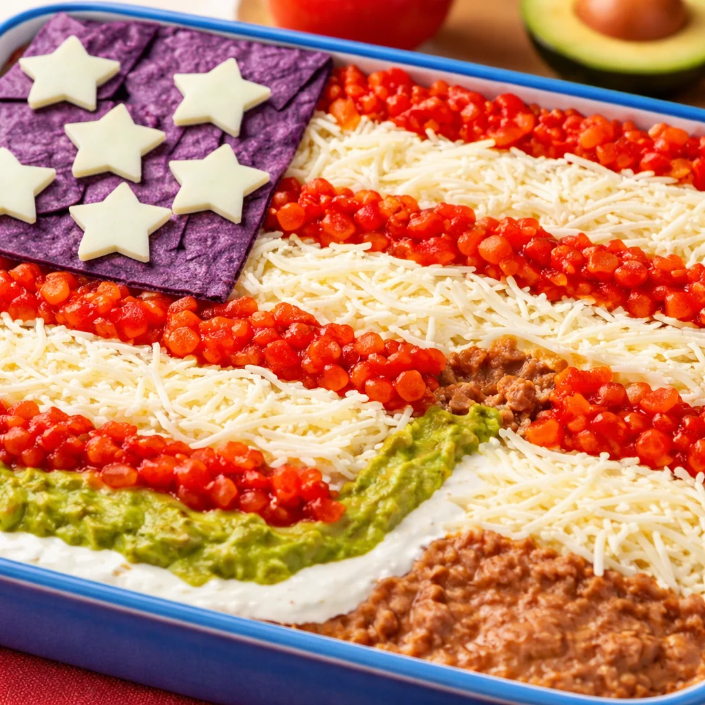 American Flag 7-Layer Dip decorated for 4th of July celebration