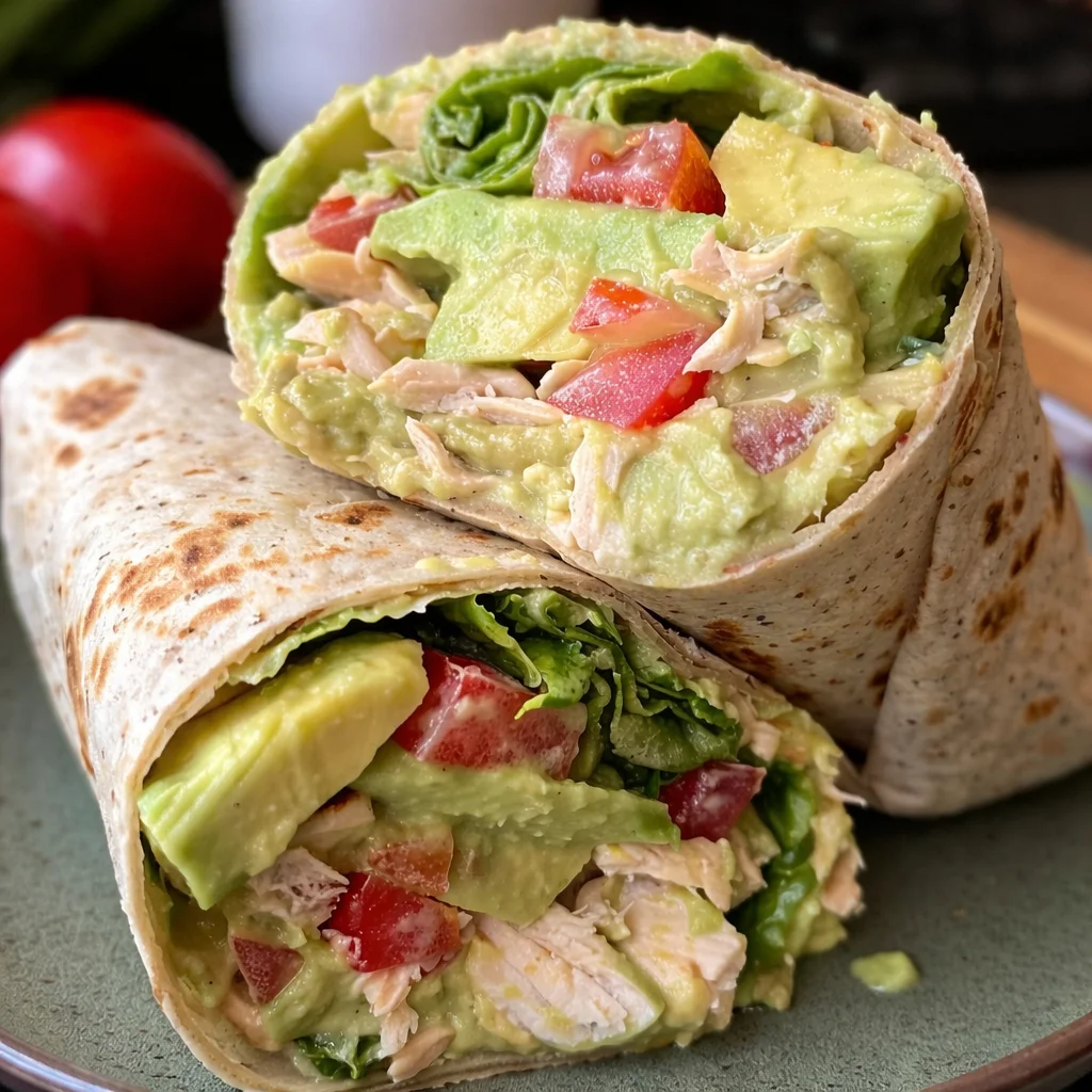 Creamy Avocado Chicken Salad Wrap with chunks of chicken and fresh veggies