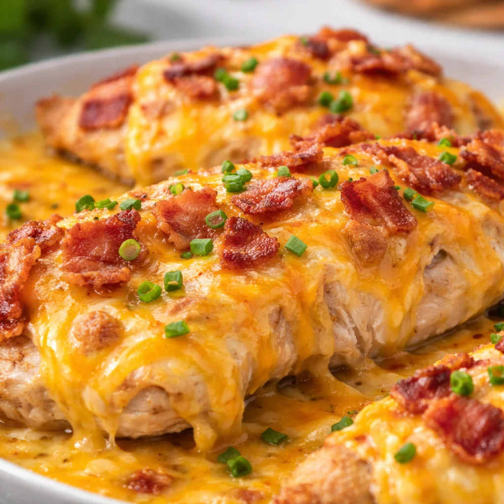 Juicy Bacon Ranch Chicken topped with ranch sauce, cheese, and crispy bacon.