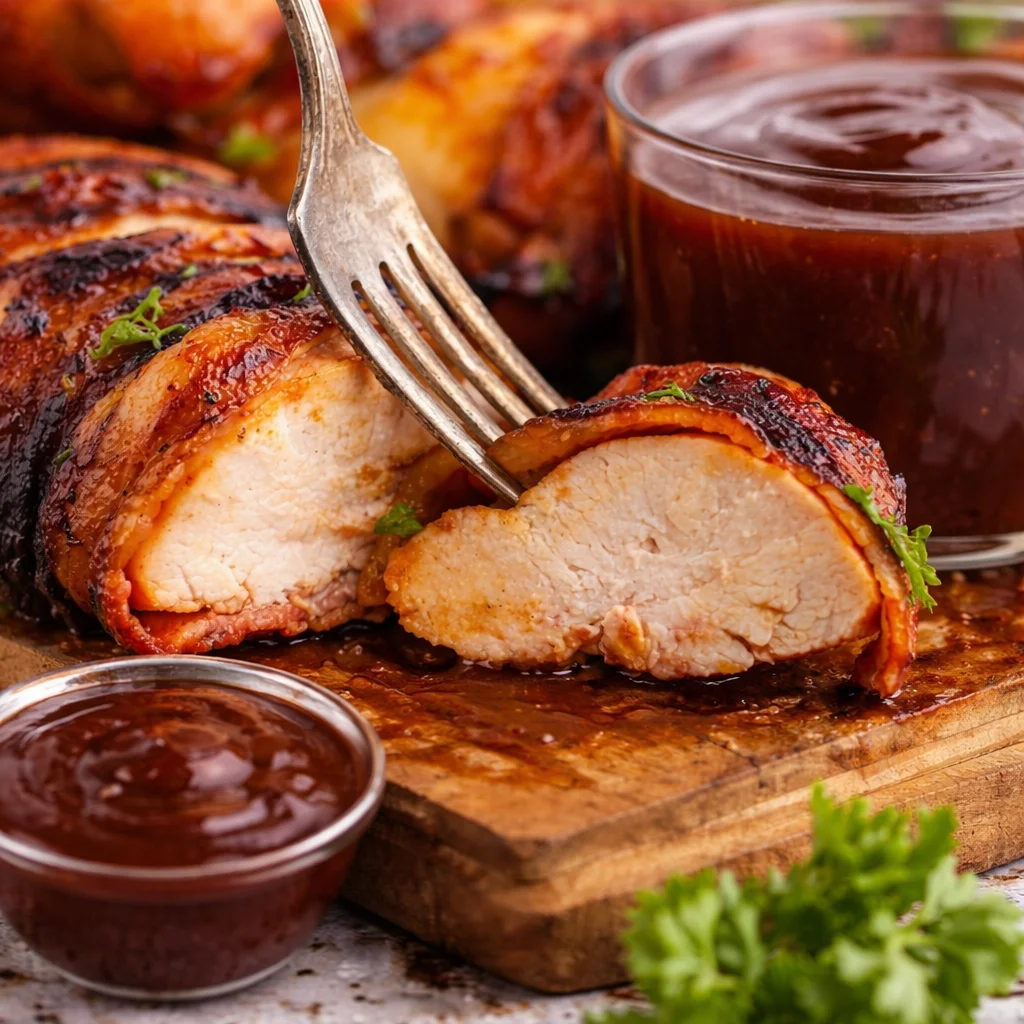 Delicious Bacon Wrapped BBQ Chicken drizzled with barbecue sauce ready to be served.