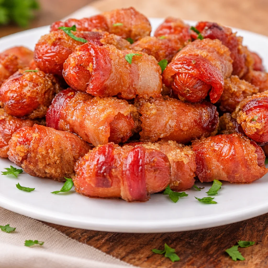 Delicious Bacon Wrapped Smokies appetizer with brown sugar glaze.