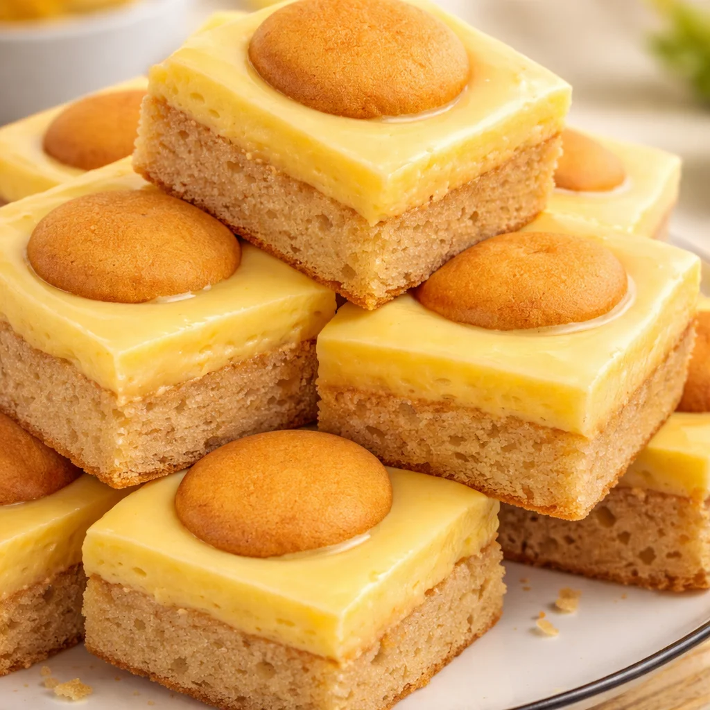 Delicious Banana Pudding Brownies with banana layers, vanilla wafers, and creamy pudding.