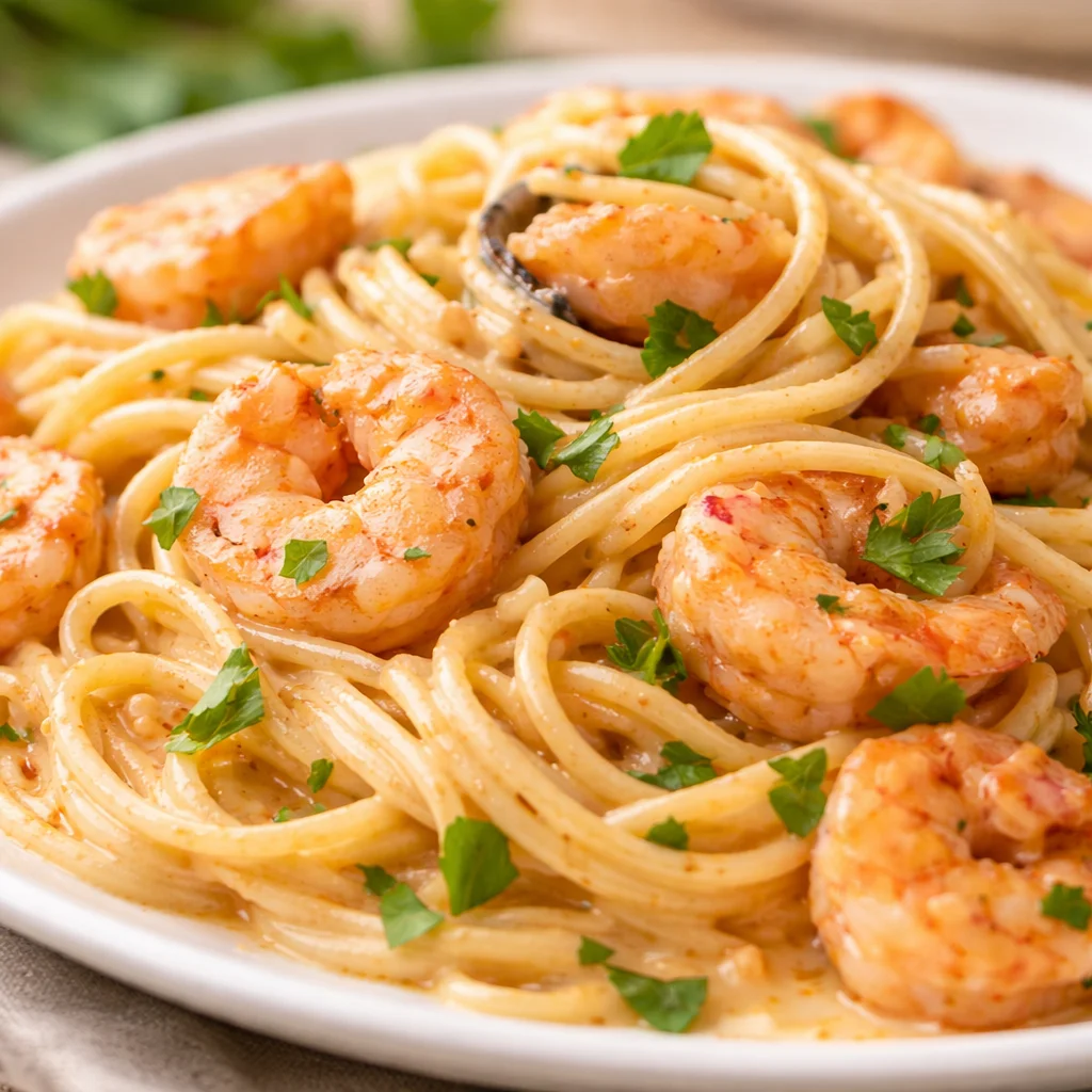 Bang Bang Shrimp Pasta dish with creamy sauce and tender shrimp over spaghetti.