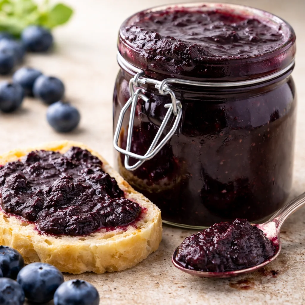 Delicious homemade Blueberry Butter spread on warm bread.