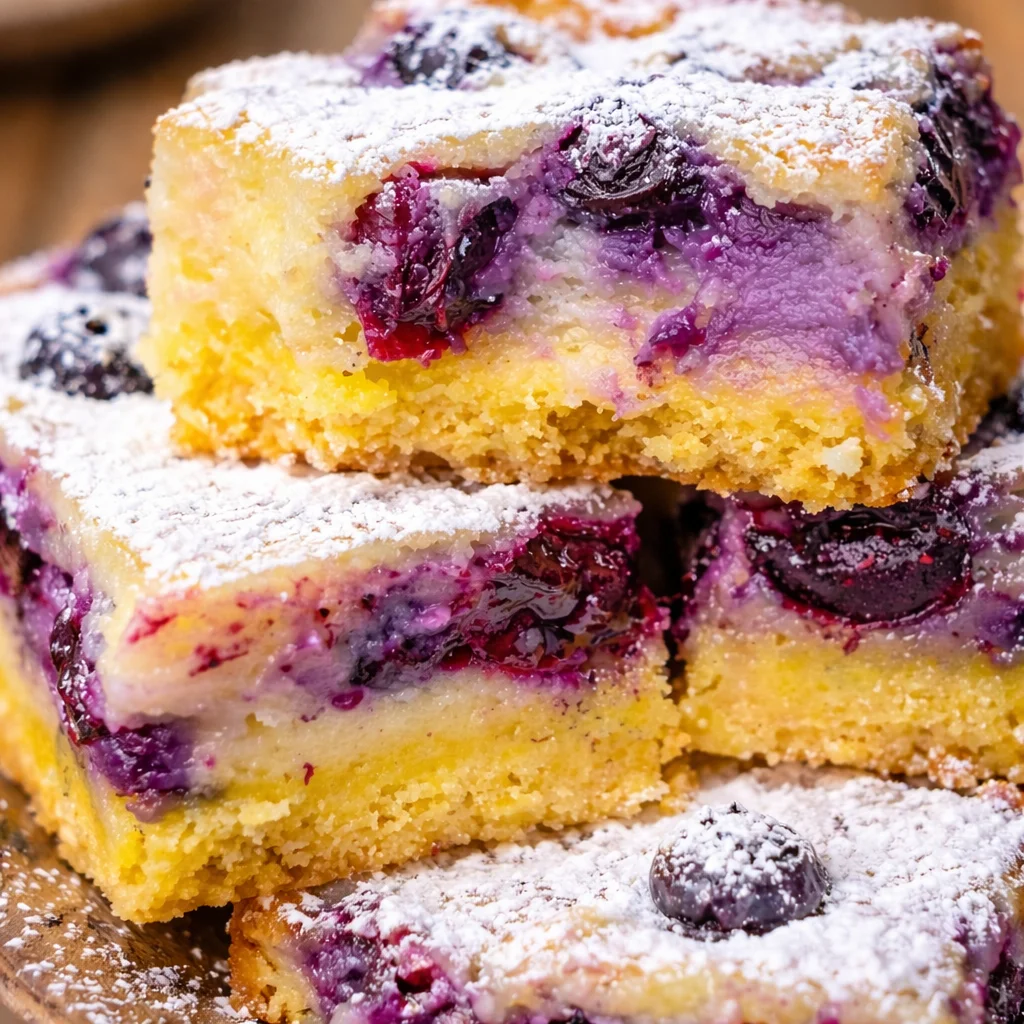 Blueberry Lemon Gooey Butter Cake with fresh blueberries and lemon zest topping.