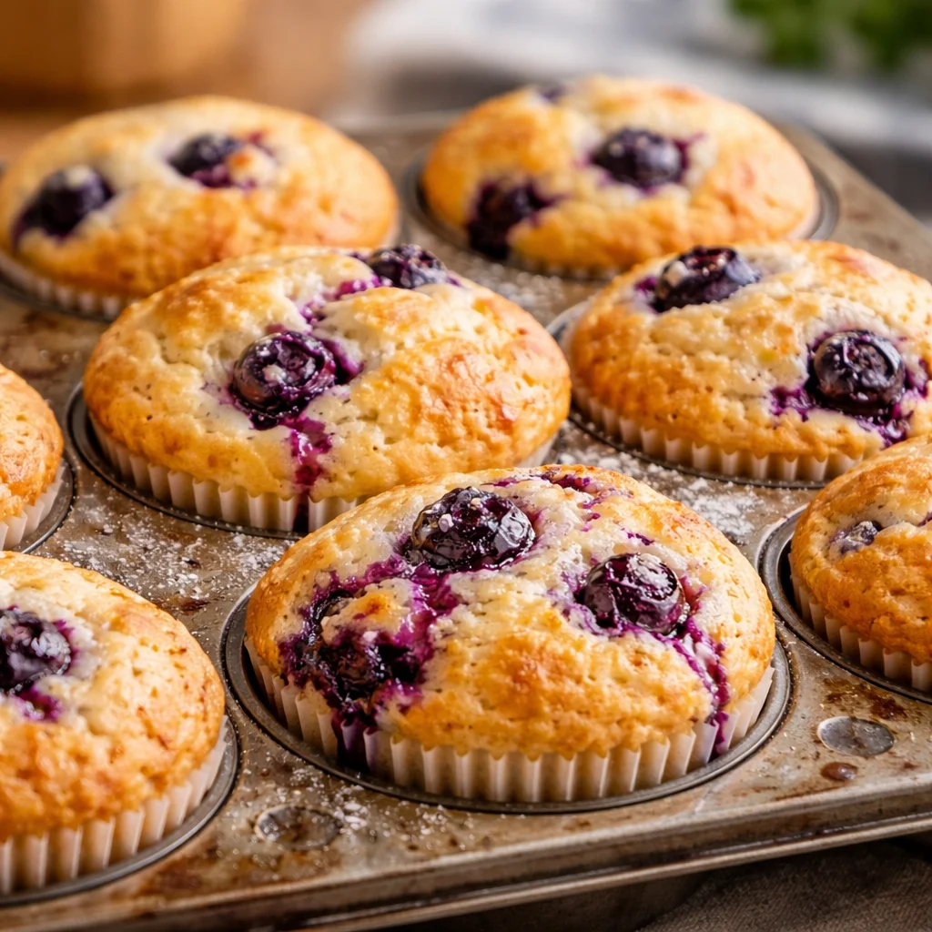 Homemade blueberry muffins fresh out of the oven with a moist texture and blueberry filling.