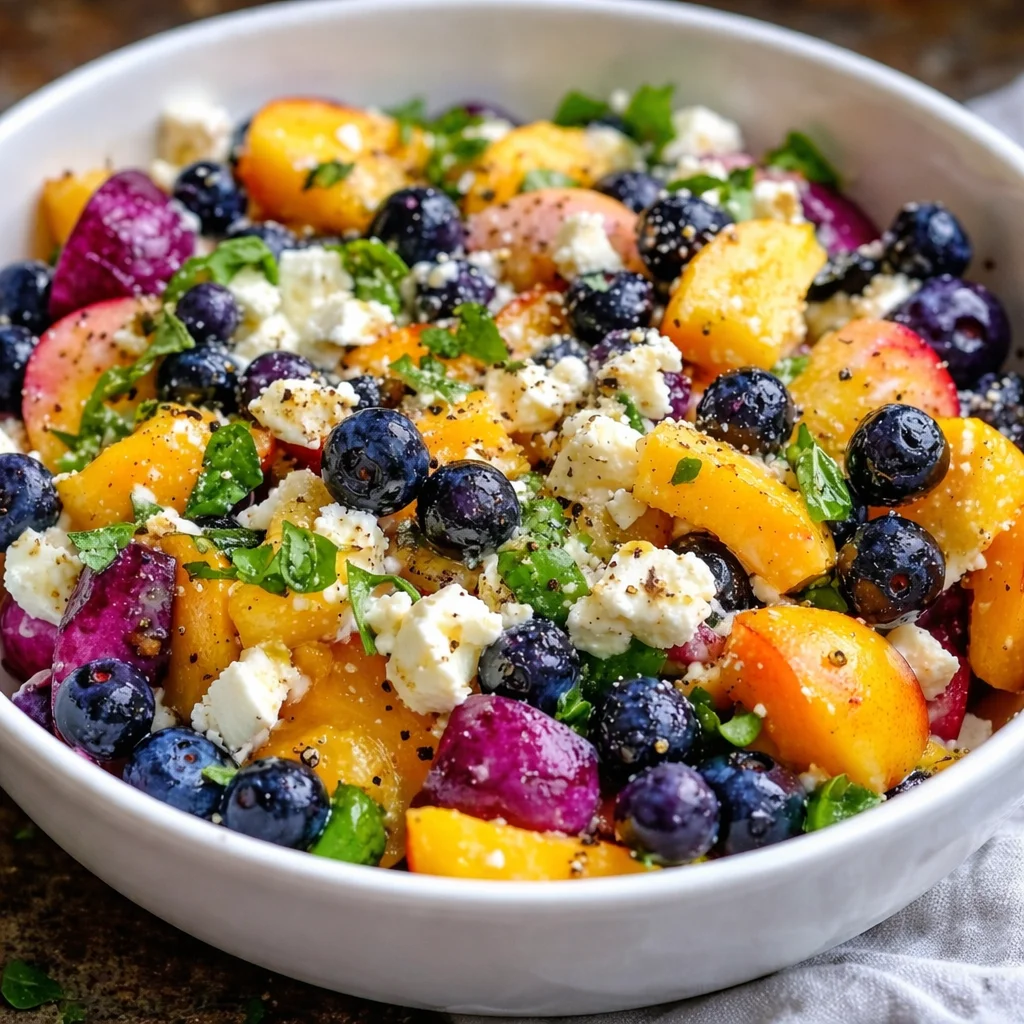 Colorful Blueberry Peach Feta Salad with fresh peaches, blueberries, and feta cheese.
