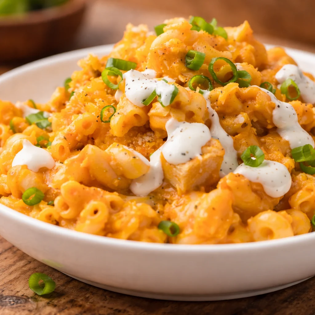 Creamy Buffalo Chicken Mac and Cheese with spicy chicken and cheesy goodness.