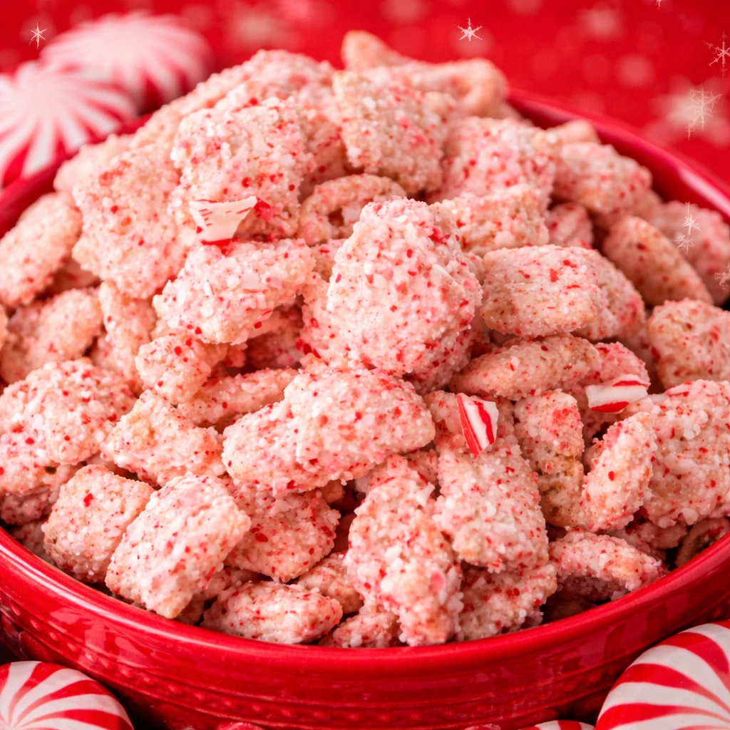 Candy Cane Muddy Buddies: festive snack mix of Chex, white chocolate, and crushed candy canes.