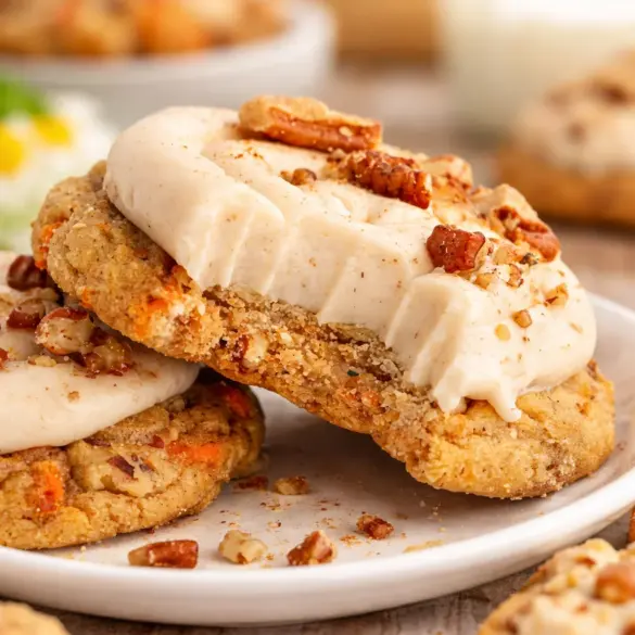 Delicious Carrot Cake Cookies topped with cream cheese frosting, resembling classic carrot cake.