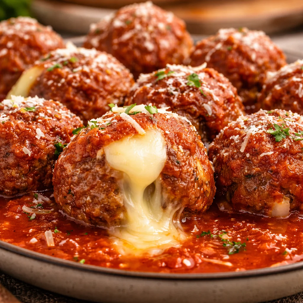Cheese Stuffed Meatballs served in rich tomato sauce with melted mozzarella cheese
