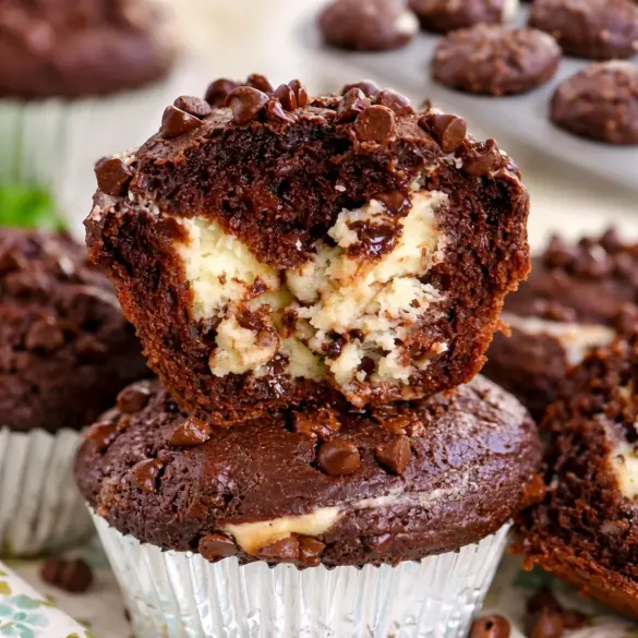 Cheesecake chocolate chip muffins with chocolate chips and cream cheese filling.