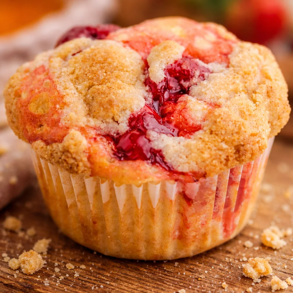 Freshly baked cherry cobbler muffins topped with sweet crumbly streusel and juicy cherries.