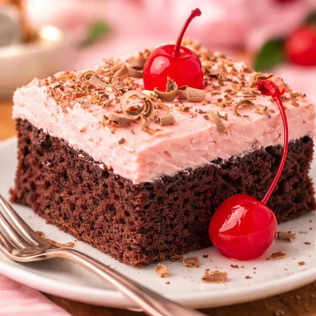 Delicious Cherry Dr Pepper Cake topped with cherry buttercream frosting