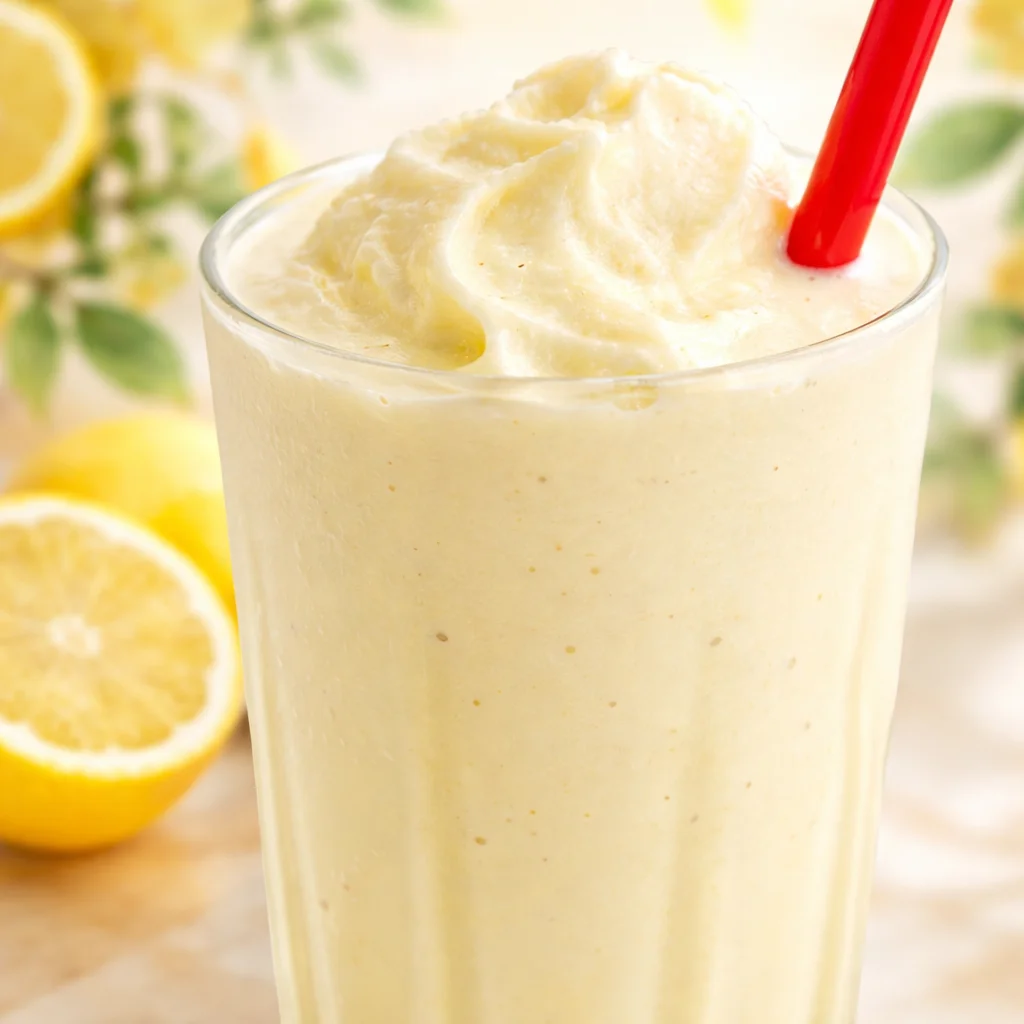 Chick-fil-A Lemonade served with a slice of lemon and tropical fruit.