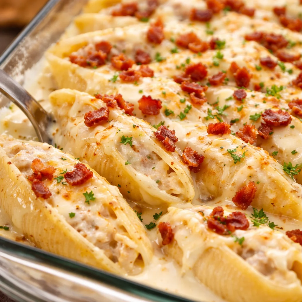 Delicious Chicken Alfredo Stuffed Shells topped with creamy sauce and cheese.