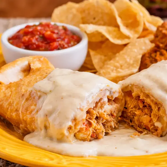 Crispy Chicken Chimichangas filled with seasoned chicken and cheese.
