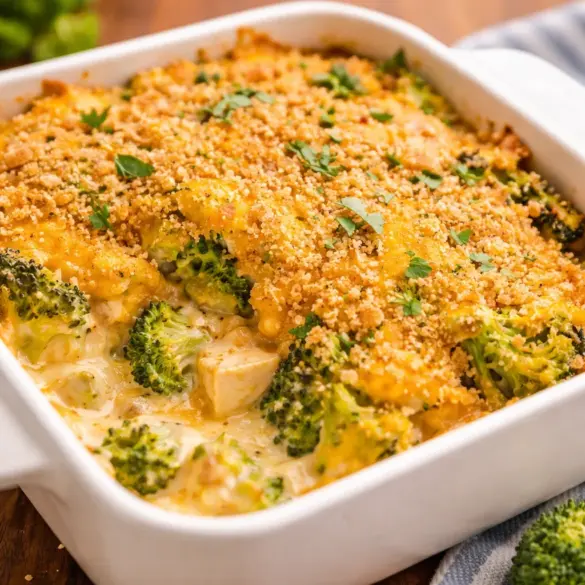 Creamy Chicken Divan casserole with broccoli and cheese for comfort food lovers.