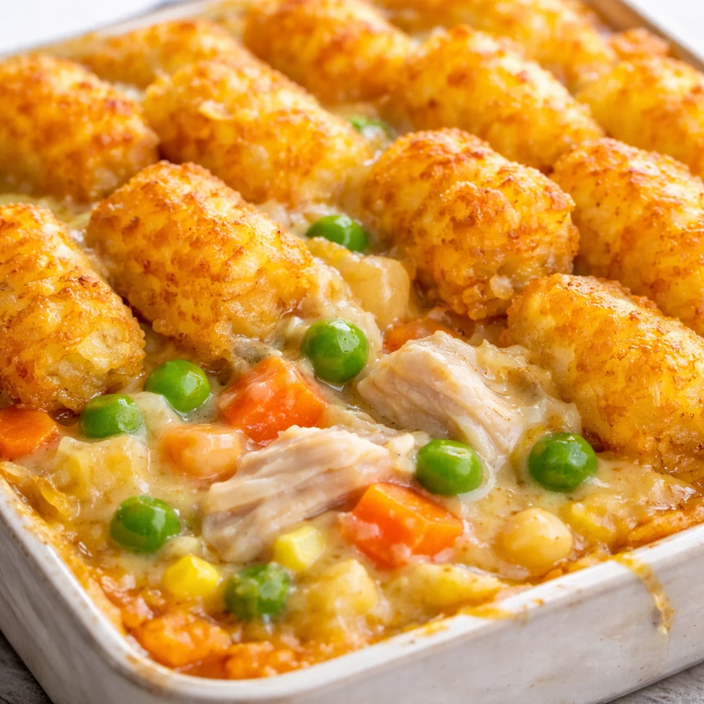 Delicious Chicken Pot Pie Casserole topped with crispy tater tots in a baking dish.
