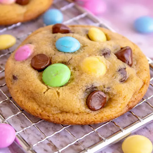 Delicious Easter chocolate chip cookies with Cadbury mini eggs for a festive treat.