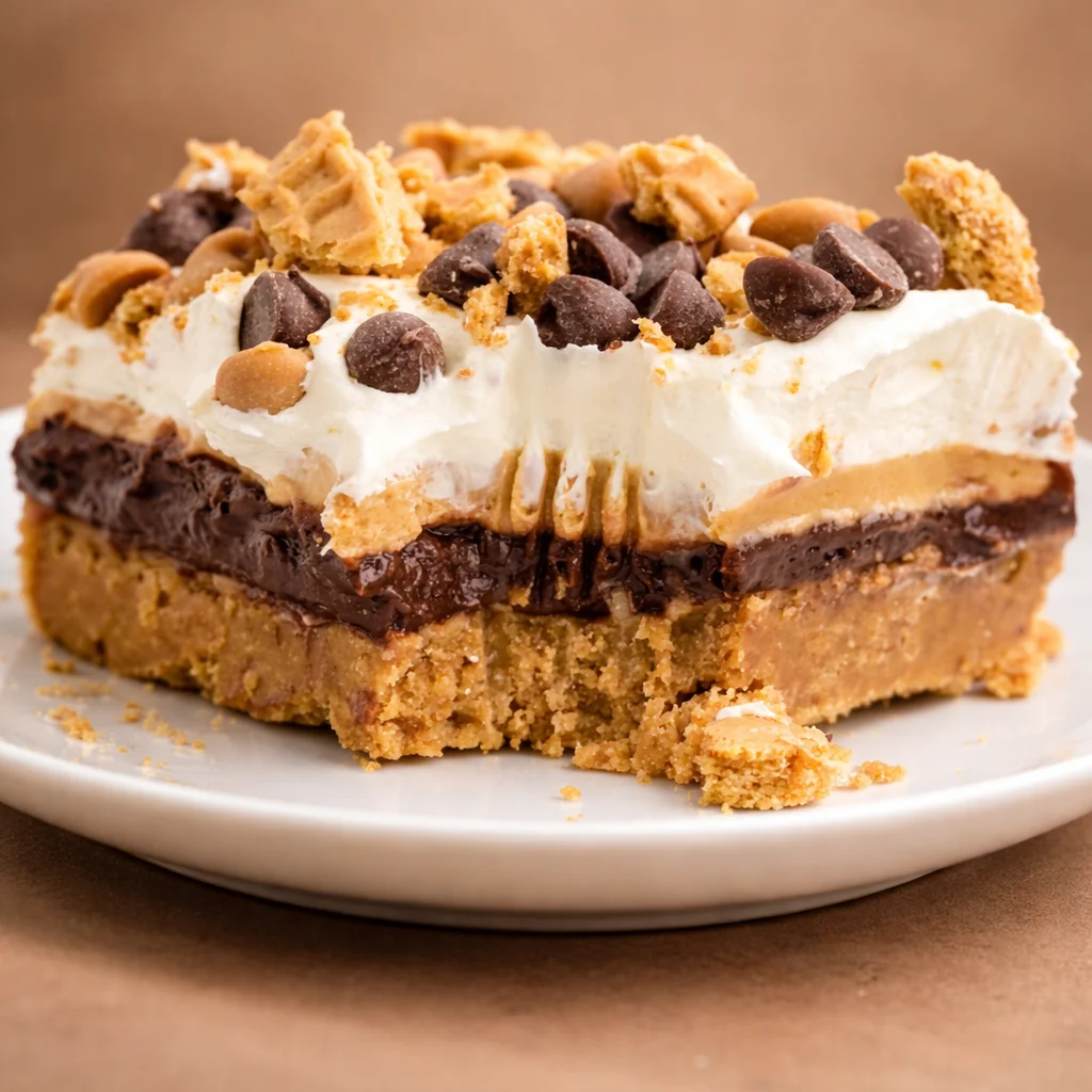 Delicious no-bake Chocolate Peanut Butter Lasagna with creamy layers and cookie crust.