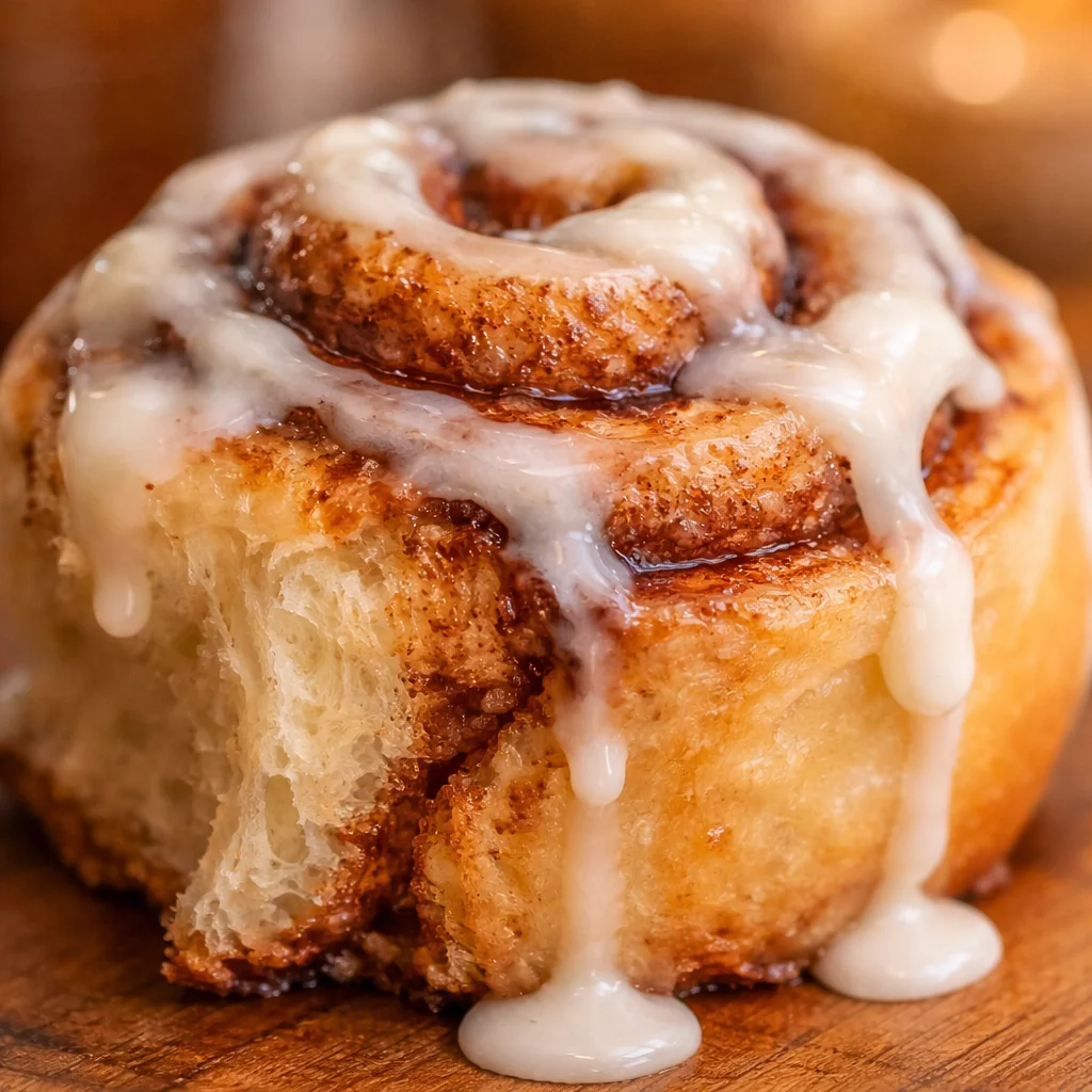 Homemade Cinnabon Copycat Cinnamon Rolls on a plate with cream cheese frosting.