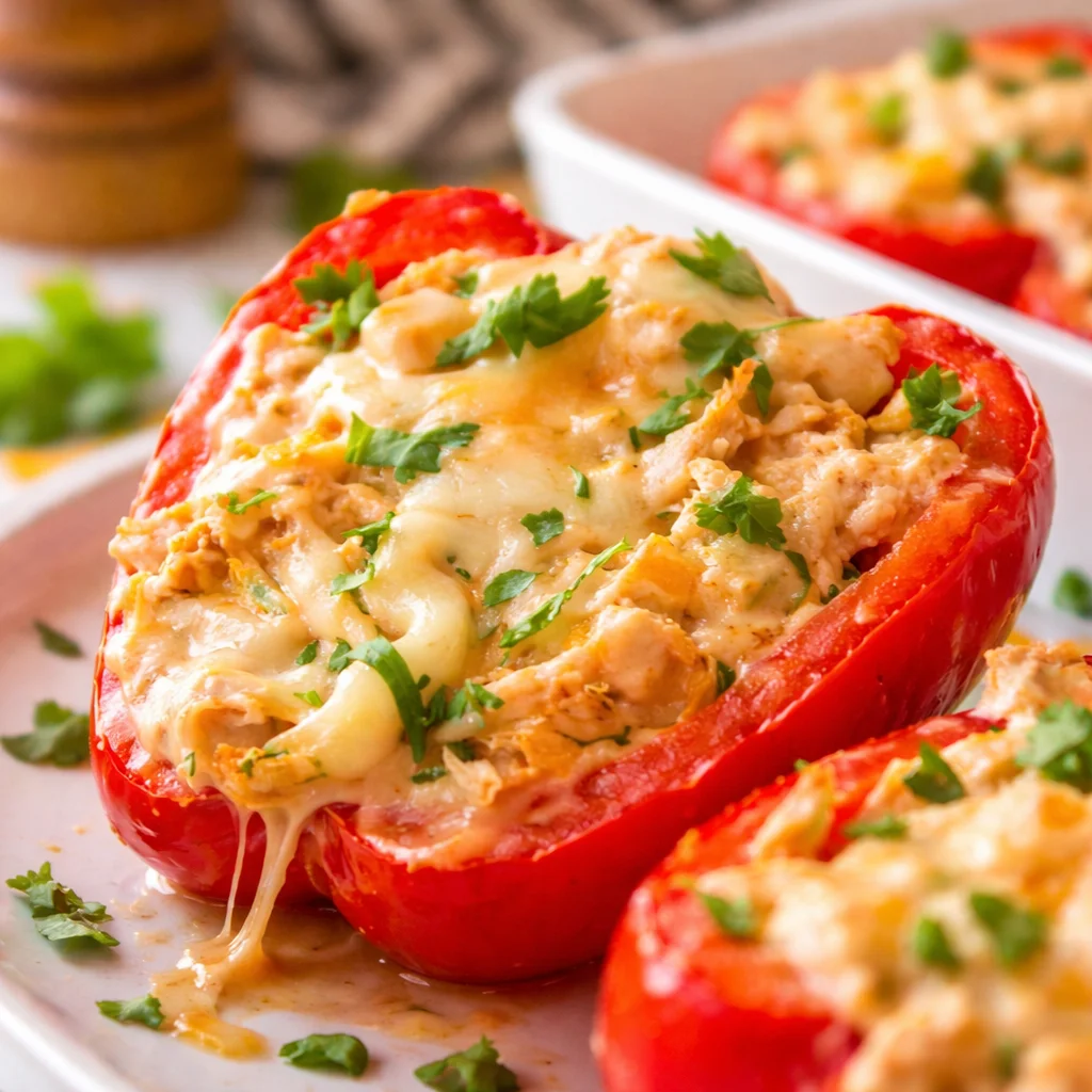 Cream Cheese Chicken Stuffed Peppers filled with shredded chicken, cream cheese, and spices.