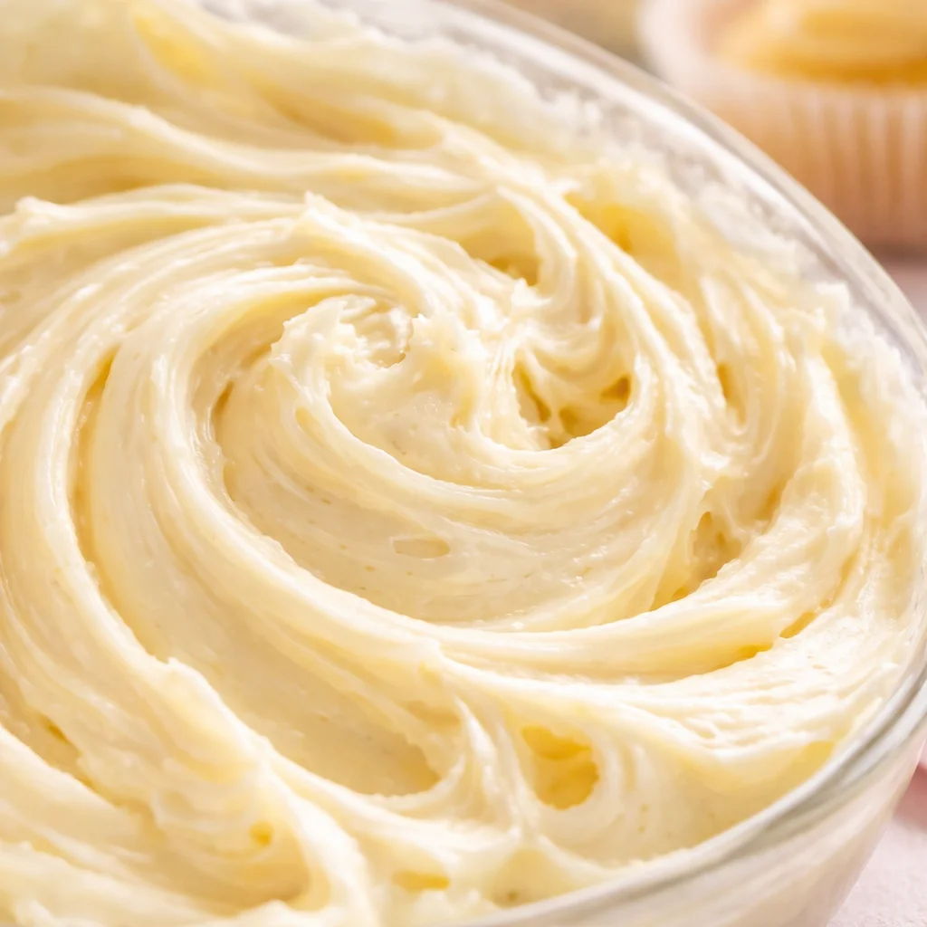 Delicious bowl of homemade cream cheese frosting perfect for decorating cakes and cupcakes.