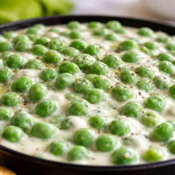 Delicious creamed peas recipe served in a bowl with a creamy sauce