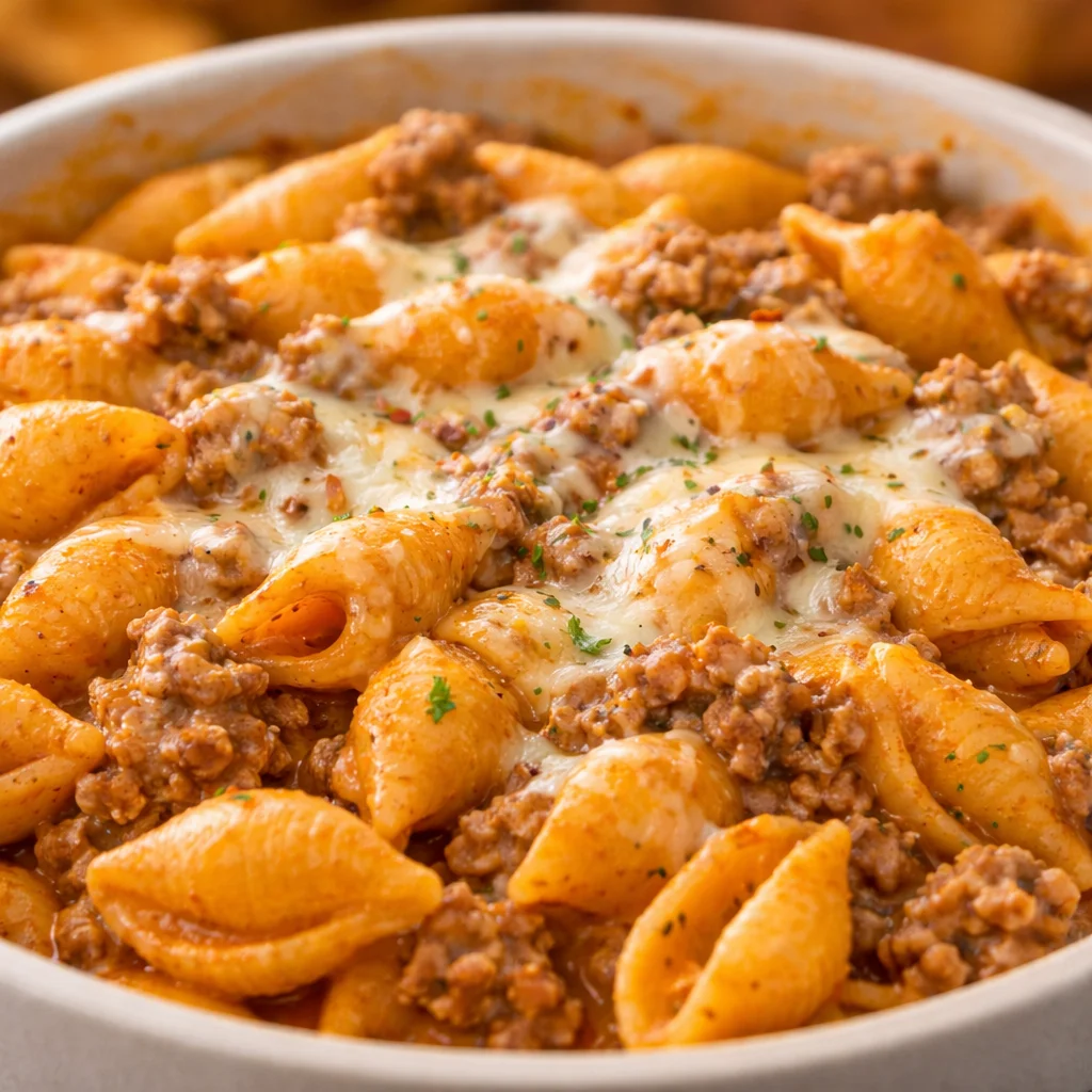 One pot creamy beef pasta with ground beef, tomato sauce, and cheese.
