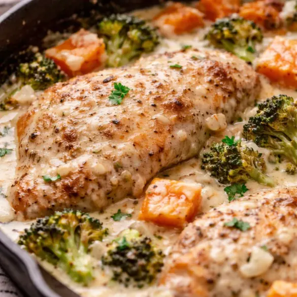 Creamy Garlic Baked Chicken with tender thighs in a rich garlic cream sauce.