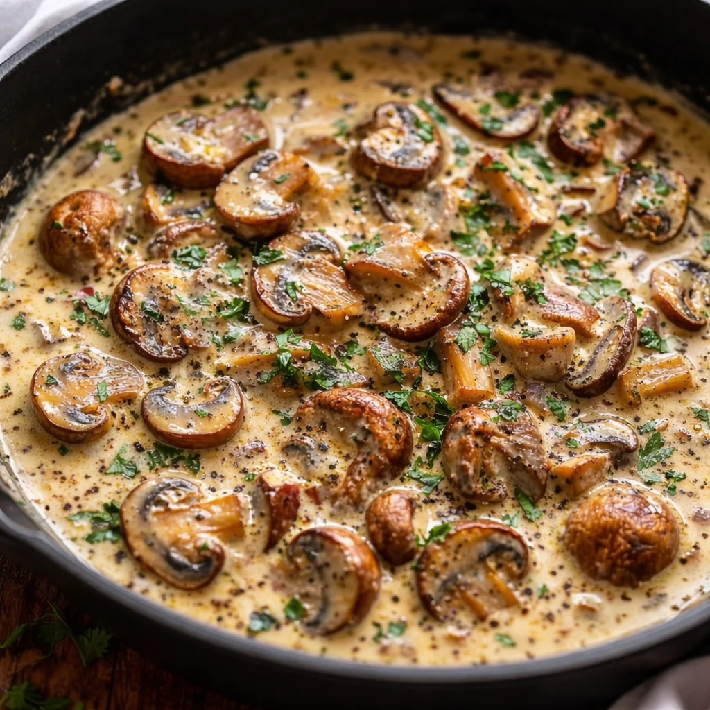 Creamy Garlic Butter Tuscan Mushrooms with spinach and sun-dried tomatoes in a bowl.